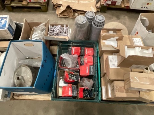 PALLET OF SCREWS, COWLS, PLASTIC DIVIDES, ETC