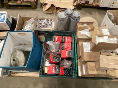 PALLET OF SCREWS, COWLS, PLASTIC DIVIDES, ETC