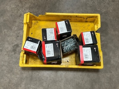 PLASTIC CRATE TO INC. 7No. UNUSED BOXES OF ASSORTED STEEL NAILS