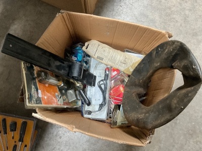 BOX LOT TO INC. MISC ITEMS TO INC. PIPE CUTTER, SCRAPER, STRAP, TORCHES, ETC