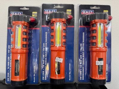 3No. UNUSED SEALEY LED EMERGENCY TORCHES/BELT CUTTER/HAMMER