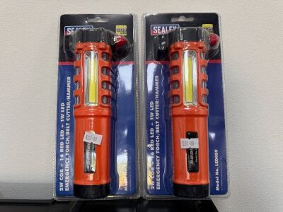 2No. UNUSED SEALEY LED EMERGENCY TORCHES/BELT CUTTER/HAMMER