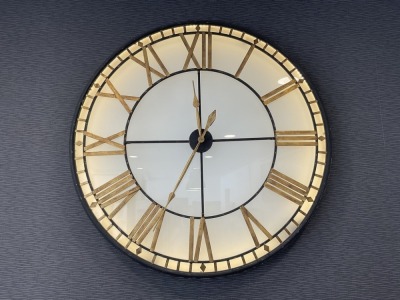 LARGE BACK LIT GLASS 'WESTMINISTER' WALL CLOCK (BLACK & GOLD)