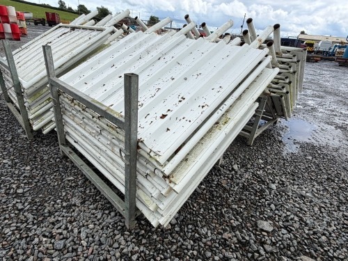 GALVANISED METAL STILLAGE & APPROX. 7No. SOLID METAL TEMPORARY FENCING PANELS