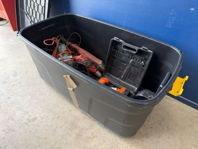 MOBILE PLASTIC STORAGE BOX & CONTENTS OF VARIOUS POWER TOOLS