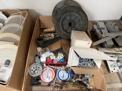 BOX LOT TO INC. ROOF TILE CLIPS, HINGES, MIXER WHEELS, ETC