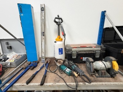 SHELF LOT TO INC. ASSORTED TOOLS, SPRAY BOTTLE, STILSONS, BENCH GRINDER, ETC
