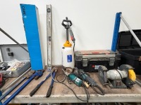 SHELF LOT TO INC. ASSORTED TOOLS, SPRAY BOTTLE, STILSONS, BENCH GRINDER, ETC