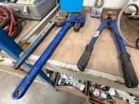 SHELF LOT TO INC. ASSORTED TOOLS, SPRAY BOTTLE, STILSONS, BENCH GRINDER, ETC - 8