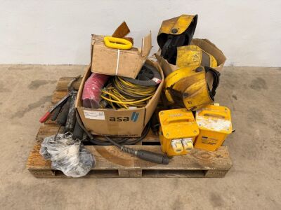 LOT TO INC. TRANSFORMER BOXES, WELDING MASKS, GREASE GUNS, LEADS ETC