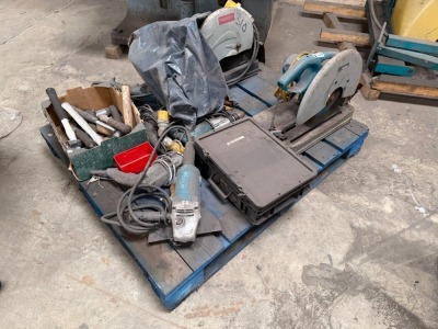 PALLET LOT TO INC. 2No. METAL CUTTING CHOP SAWS, GRINDERS, DRILLS & HAND TOOLS