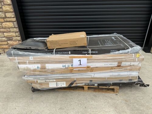 PALLET TO INC. 1No. BI-FOLD DOOR IN CHROME 900MM WIDE, 3No. PIVOT DOORS IN CHROME 900MM WIDE, 2No. SIDE PANEL IN CHROME 800MM WIDE, 1No. 1200MM WETROOM PANEL IN BLACK, 1No. 1400MM SKIDER DOOR IN CHROME, 1No. 900MM SIDE PANEL IN BLACK