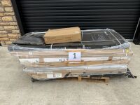 PALLET TO INC. 1No. BI-FOLD DOOR IN CHROME 900MM WIDE, 3No. PIVOT DOORS IN CHROME 900MM WIDE, 2No. SIDE PANEL IN CHROME 800MM WIDE, 1No. 1200MM WETROOM PANEL IN BLACK, 1No. 1400MM SKIDER DOOR IN CHROME, 1No. 900MM SIDE PANEL IN BLACK - 2