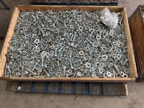 LARGE WOODEN CRATE TO INC. LARGE SELECTION OF ASSORTED NUTS, BOLTS & WASHERS