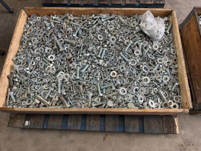 LARGE WOODEN CRATE TO INC. LARGE SELECTION OF ASSORTED NUTS, BOLTS & WASHERS