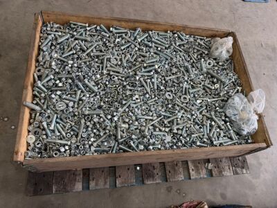 LARGE WOODEN CRATE TO INC. LARGE SELECTION OF ASSORTED NUTS, BOLTS & WASHERS