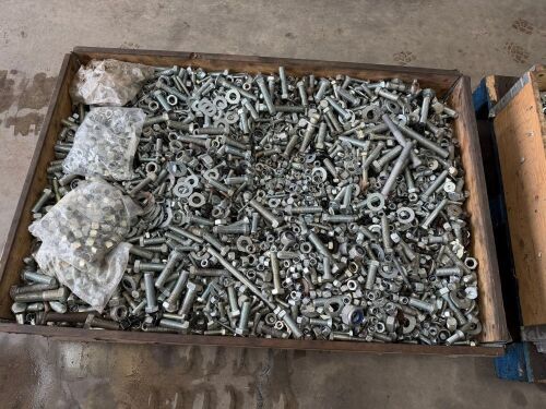 LARGE WOODEN CRATE TO INC. LARGE SELECTION OF ASSORTED NUTS, BOLTS & WASHERS