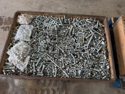 LARGE WOODEN CRATE TO INC. LARGE SELECTION OF ASSORTED NUTS, BOLTS & WASHERS