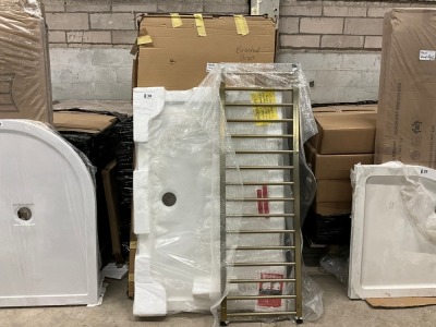 BRUSHED BRASS 1400 SLIDING DOOR, 900 SIDE, 14x9 TRAY & TOWEL RADIATOR