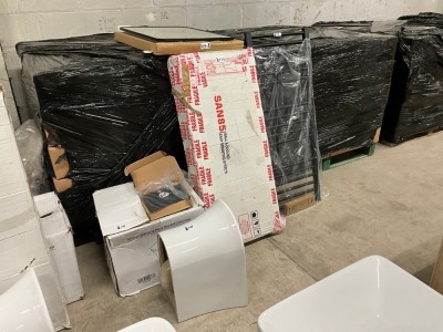 BATHROOM PACK TO INC. SANI 85 WALL & GROUND EASY MOUNTING SYSTEM, RIMLESS WALL HUNG PAN, MATT BLACK FLUSH PLATE, 500X700 MIRROR MI-6001L, TOWEL RADIATOR