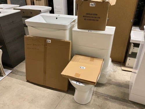 Vanity, Mirror & Toilet Pack - 600mm 2 Drawer Floor standing Vanity in Gloss White with 1 Tap Hole Ceramic Basin, Matching 500mm WC Unit & Cistern, BTW Toilet Pan with Soft Close Seat & 600mm Brass Frame LED Mirror