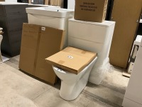 Vanity, Mirror & Toilet Pack - 600mm 2 Drawer Floor standing Vanity in Gloss White with 1 Tap Hole Ceramic Basin, Matching 500mm WC Unit & Cistern, BTW Toilet Pan with Soft Close Seat & 600mm Brass Frame LED Mirror - 2