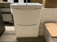 Vanity, Mirror & Toilet Pack - 600mm 2 Drawer Floor standing Vanity in Gloss White with 1 Tap Hole Ceramic Basin, Matching 500mm WC Unit & Cistern, BTW Toilet Pan with Soft Close Seat & 600mm Brass Frame LED Mirror - 6