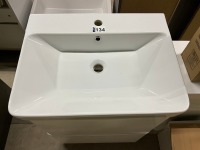 Vanity, Mirror & Toilet Pack - 600mm 2 Drawer Floor standing Vanity in Gloss White with 1 Tap Hole Ceramic Basin, Matching 500mm WC Unit & Cistern, BTW Toilet Pan with Soft Close Seat & 600mm Brass Frame LED Mirror - 7