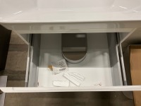 Vanity, Mirror & Toilet Pack - 600mm 2 Drawer Floor standing Vanity in Gloss White with 1 Tap Hole Ceramic Basin, Matching 500mm WC Unit & Cistern, BTW Toilet Pan with Soft Close Seat & 600mm Brass Frame LED Mirror - 8