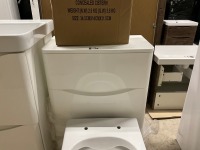 Vanity, Mirror & Toilet Pack - 600mm 2 Drawer Floor standing Vanity in Gloss White with 1 Tap Hole Ceramic Basin, Matching 500mm WC Unit & Cistern, BTW Toilet Pan with Soft Close Seat & 600mm Brass Frame LED Mirror - 15