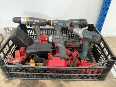 PLASTIC CRATE TO INC. LARGE SELECTION OF ASSORTED CORDLESS DRILLS, BATTERIES & CHARGERS