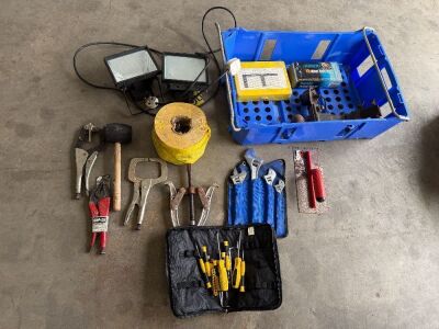 PLASTIC CRATE TO INC. ASSORTED HAND TOOLS, WARNING TAPE, FLOODLIGHTS, TOWBAR