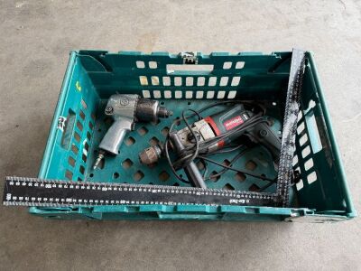 PLASTIC CRATE TO INC. AIR IMPACT GUN, METABO DRILL & LARGE SQUARE