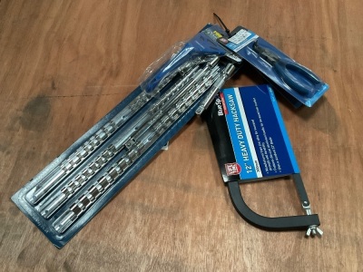 LOT BUNDLE TO INC. UNUSED HACKSAW, PLIERS, SOCKET EXTENSIONS, ETC