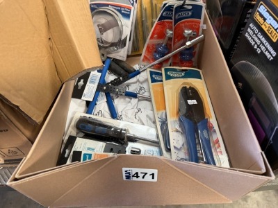 BOX LOT TO INC. UNUSED TOOLS & ACCESSORIES