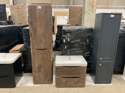 Chestnut 600mm Wall Hung 2 Drawer Vanity Unit with 1 Tap hole Basin & Matching Wall Hung Tall Storage Unit