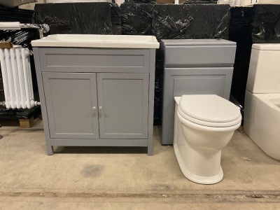 800mm Grey Traditional Floor Ftanding 2 Door Vanity Unit with white 1 Tap hole Basin, with matching 500mm WC Unit & Traditional Back to Wall Toilet