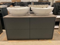 1200mm Floorstanding Double Vanity Unit Painted in Matt Grey with Marble Gold Worktop, 4 x Soft Close Drawers and 2 x White Counter Top Basins - 2
