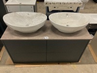1200mm Floorstanding Double Vanity Unit Painted in Matt Grey with Marble Gold Worktop, 4 x Soft Close Drawers and 2 x White Counter Top Basins - 3