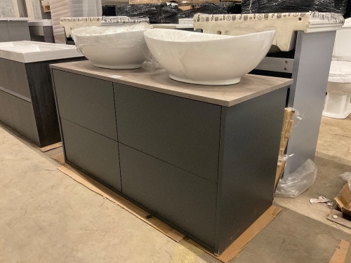 1200mm Floorstanding Double Vanity Unit Painted in Matt Grey with Marble Gold Worktop, 4 x Soft Close Drawers and 2 x White Counter Top Basins