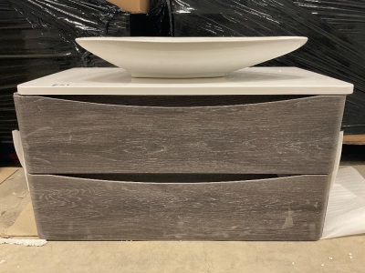 Anthracite Oak Wall Hung 2 Drawer Vanity Unit with White Gloss Worktop & Counter Top Bowl