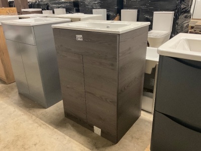 600mm 2 Door Floorstanding Dark Oak Vanity Unit with 1 Tap Hole Ceramic Basin
