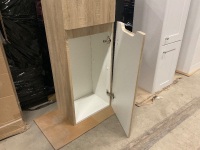 Tall oak-effect wall-hung storage unit with two doors and wood-grain finish, modern style - 13