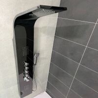 Black Chrome Thermostatic Shower Tower with Rain Head Body Jets and Hand Shower - 7