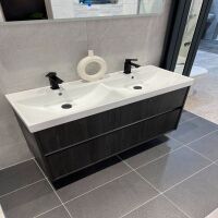 1200mm Wall Hung 2 x Drawer Double Vanity Unit in Black Oak with White Ceramic Double Basin - 10