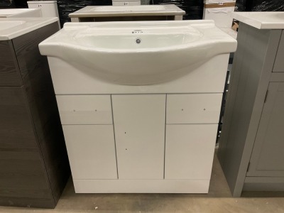 750mm White Gloss Vanity Unit, 2 x Drawers, 3 x Doors with 1 Tap Hole Ceramic Basin