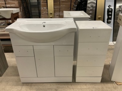 750mm White Gloss Vanity Unit, 2 x Drawers, 3 x Doors with 1 Tap Hole Ceramic Basin with 4 Drawer Bathroom Storage Unit
