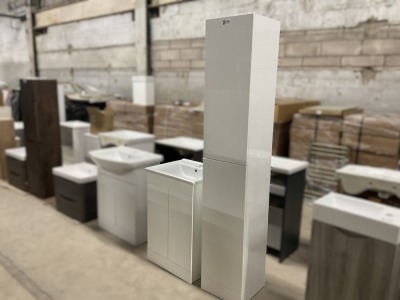 550mm 2 Door Floorstanding Vanity Unit in White Gloss with 1 Tap Hole Ceramic Basin with Gloss White Tall Storage Unit