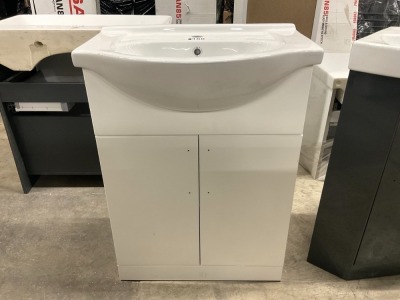 650mm 2 Door Floorstanding Vanity Unit in White Gloss with 1 Tap Hole Ceramic Basin