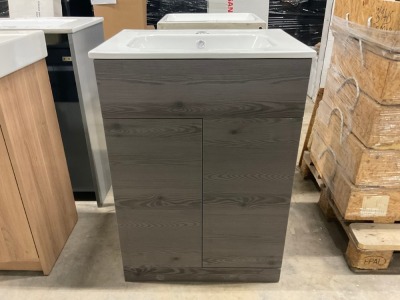 600mm 2 Door Floorstanding Dark Oak Vanity Unit with 1 Tap Hole Ceramic Basin